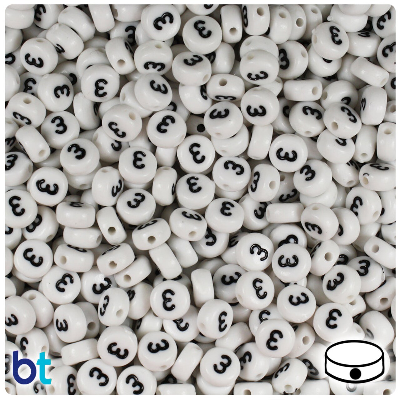 BeadTin White Opaque 7mm Coin Plastic Alpha Beads - Black Number 3 (100pcs)
